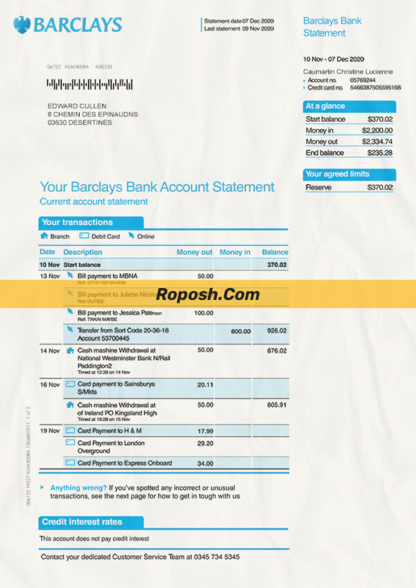 Barclays bank statement psd template