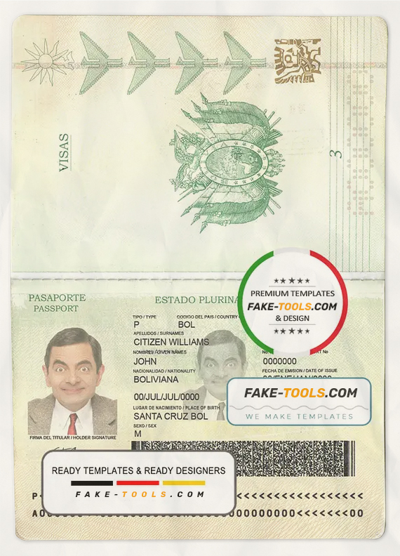 Bolivia passport template in PSD format, fully editable, with all fonts scan effect