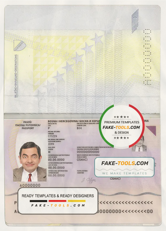 Bosnia and Herzegovina passport template in PSD format scan effect