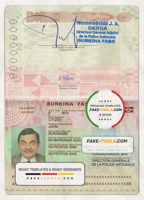 Burkina Faso passport template in PSD format, fully editable scan effect