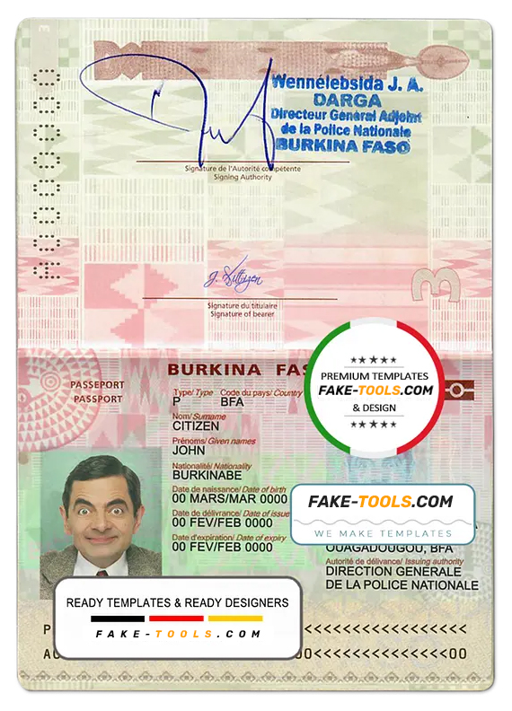 Burkina Faso passport template in PSD format, fully editable