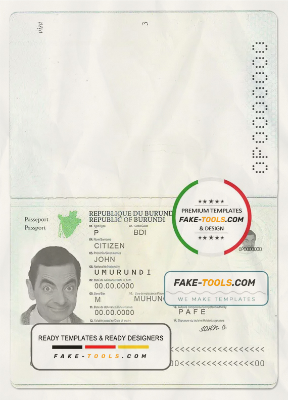 Burundi passport template in PSD format, fully editable scan effect