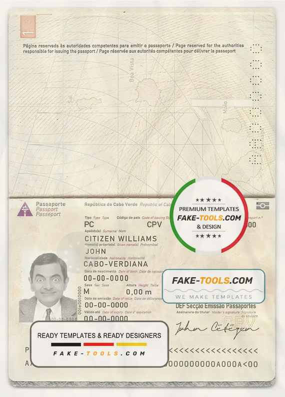Cabo Verde passport template in PSD format, fully editable scan effect