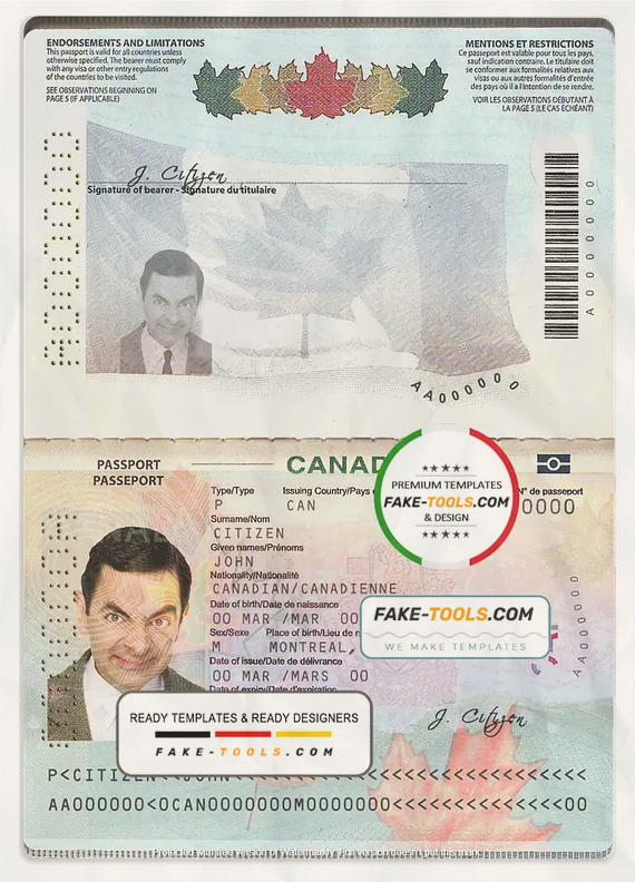 Canada Passport template in PSD format, fully editable (2010 - present) scan effect