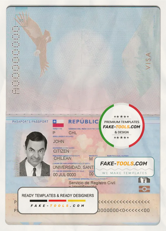 Chile passport template in PSD format, fully editable, with all fonts scan effect