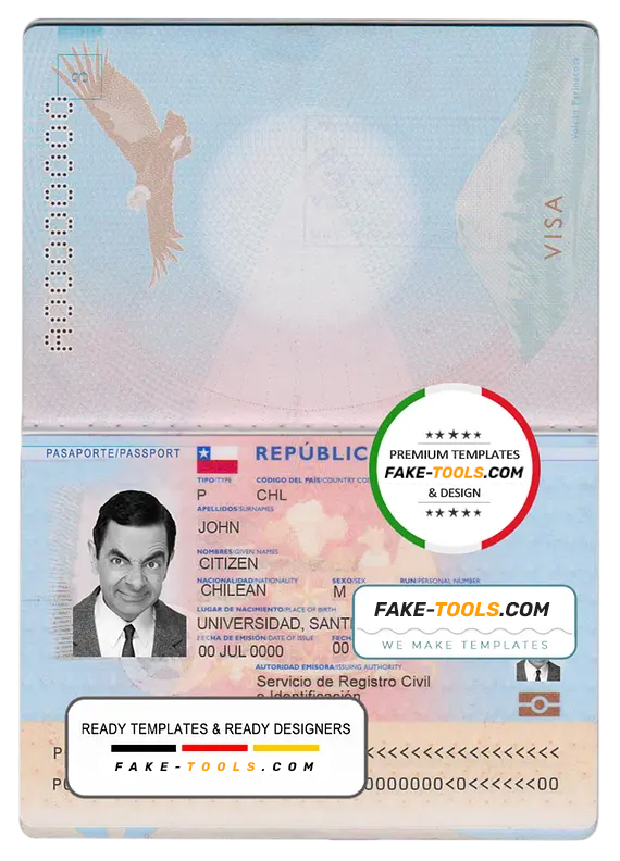 Chile passport template in PSD format, fully editable, with all fonts