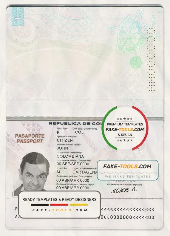 Colombia passport template in PSD format, fully editable scan effect