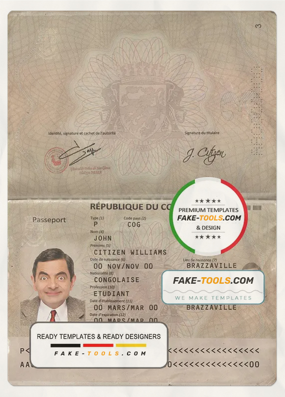 Congo passport template in PSD format, fully editable, with all fonts scan effect