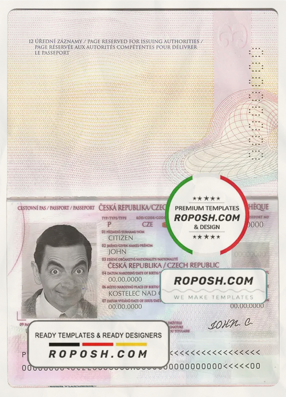 Czech passport template in PSD format, fully editable scan effect