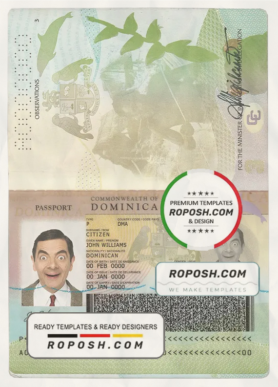 Dominica passport template in PSD format at the best price, with fonts scan effect