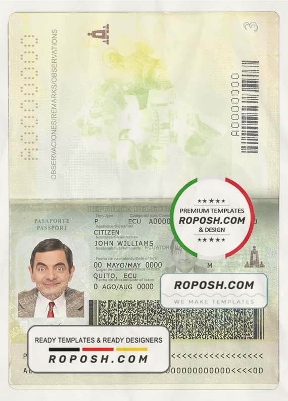 Ecuador passport template in PSD format scan effect