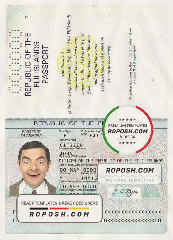 Fiji passport template in PSD format, with fonts scan effect