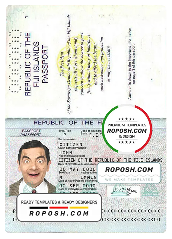 Fiji passport template in PSD format, with fonts