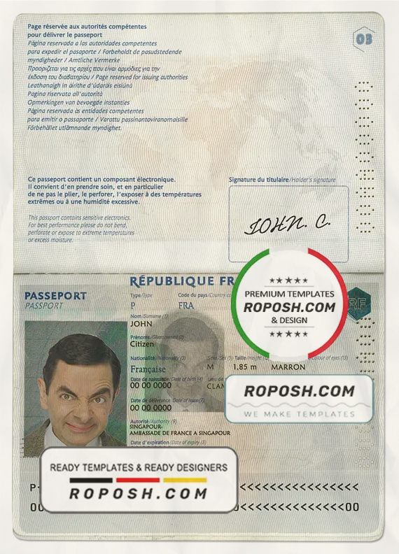 France passport template in PSD format, fully editable scan effect