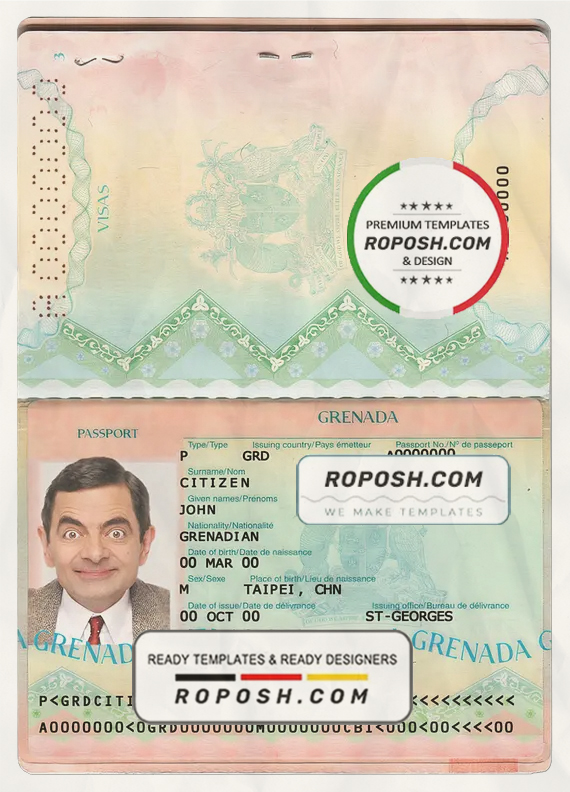 Grenada passport template in PSD format, fully editable scan effect
