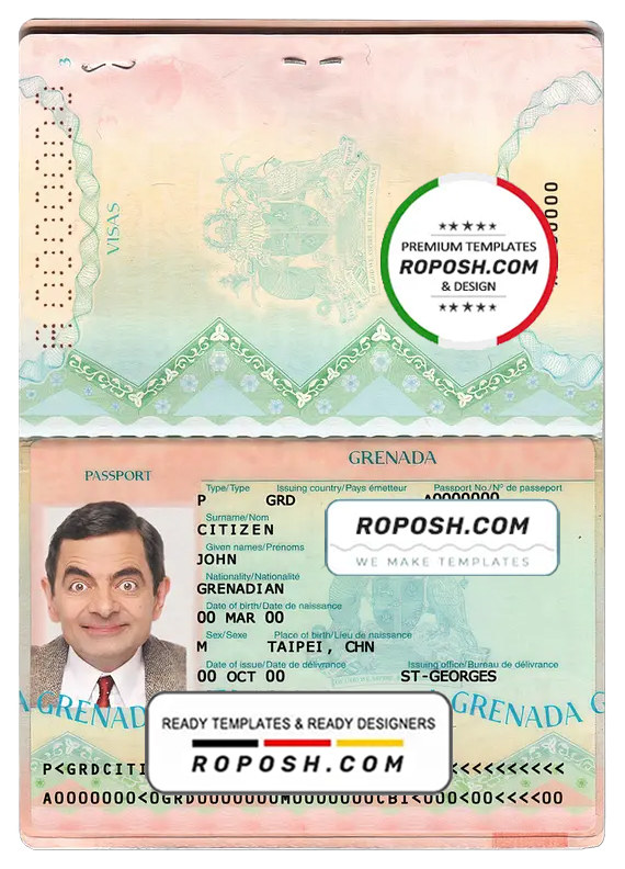 Grenada passport template in PSD format, fully editable