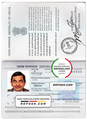 India passport template in PSD format, fully editable, with all fonts (2013 – present)