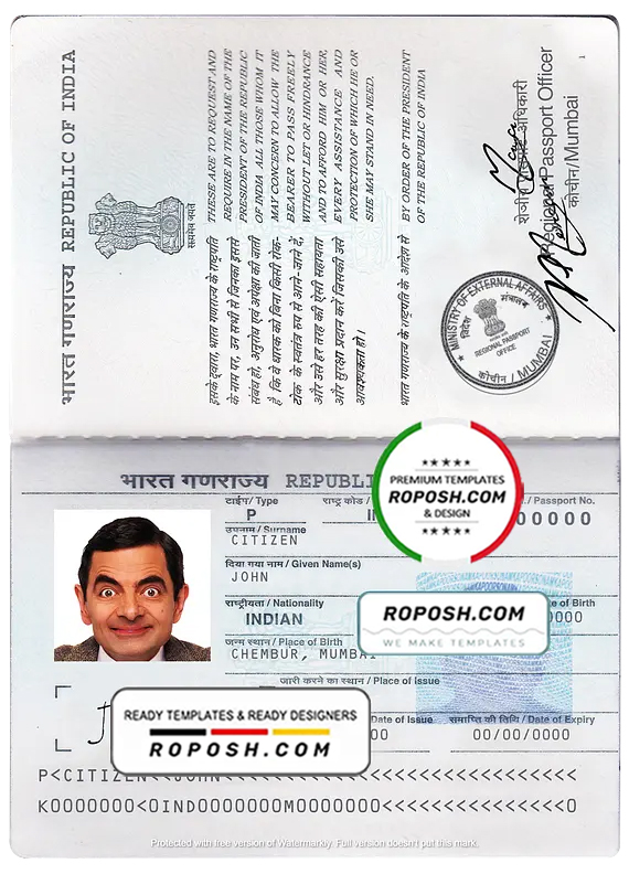 India passport template in PSD format, fully editable, with all fonts (2013 - present)