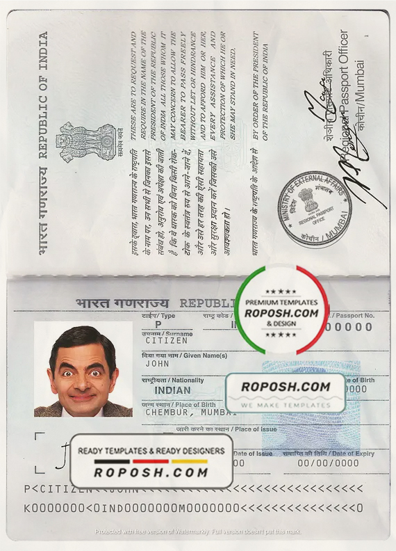India passport template in PSD format, fully editable, with all fonts (2013 - present) scan effect