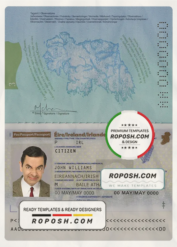 Ireland passport template in PSD format, + editable PSD photo look scan effect