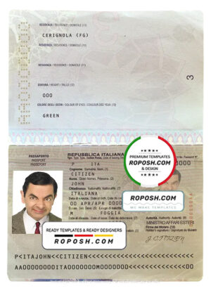 Italy passport template in PSD format, fully editable, with all fonts