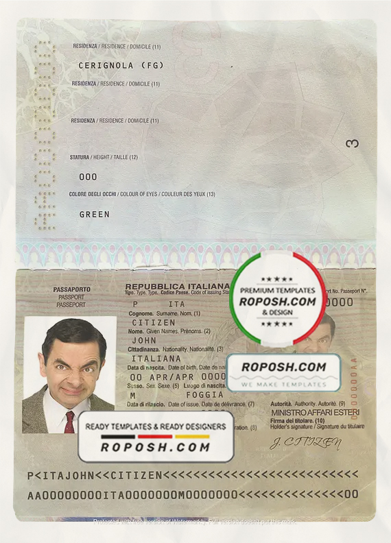 Italy passport template in PSD format, fully editable, with all fonts scan effect