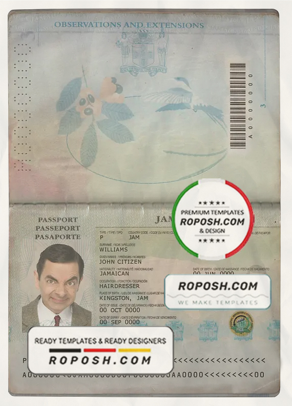 Jamaica passport template in PSD format, fully editable scan effect