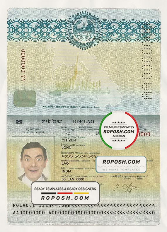 Laos passport template in PSD format scan effect