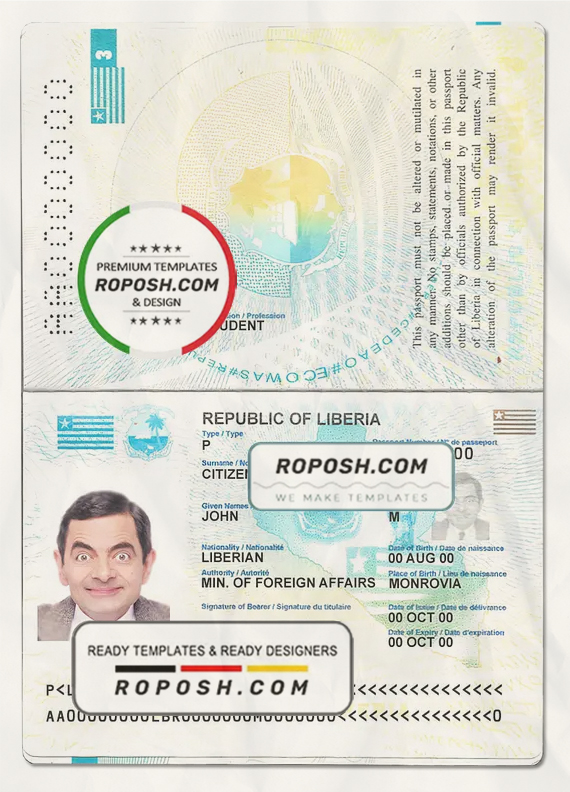 Liberia passport template in PSD format, fully editable scan effect
