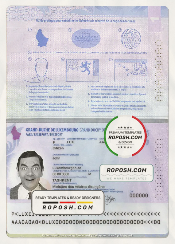 Luxembourg passport template in PSD format scan effect
