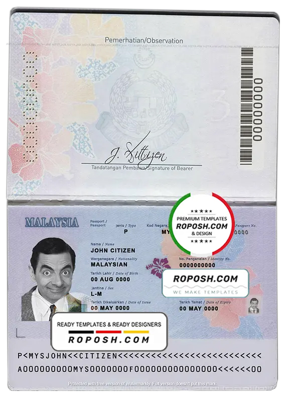 Malaysia passport template in PSD format version 1, fully editable (2017 - present)