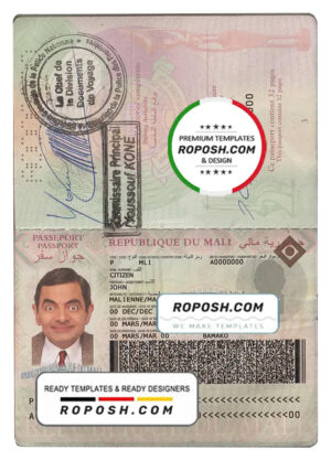 Mali passport template in PSD format, fully editable, with fonts