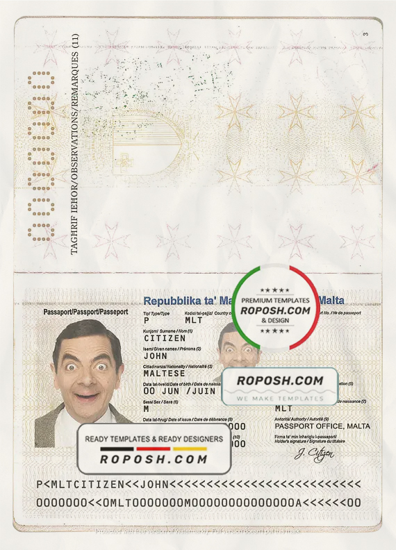 Malta passport template in PSD format scan effect