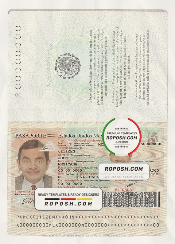 Mexico passport template in PSD format, fully editable scan effect