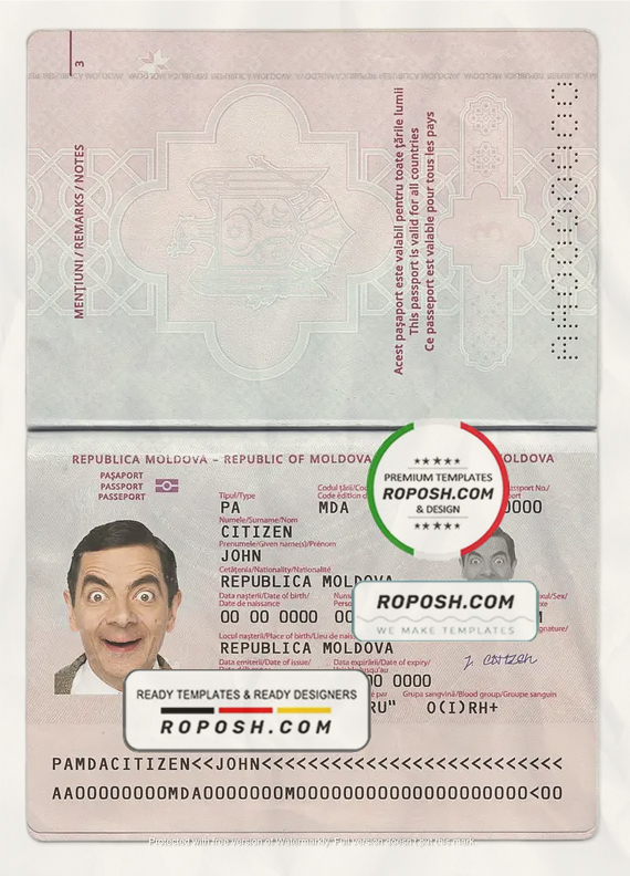 Moldova passport template in PSD format, fully editable (2014 - present) scan effect