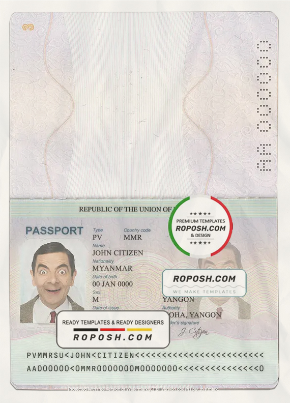 Myanmar passport template in PSD format, with all fonts scan effect