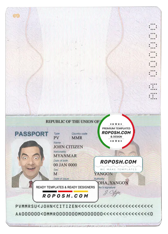 Myanmar passport template in PSD format, with all fonts
