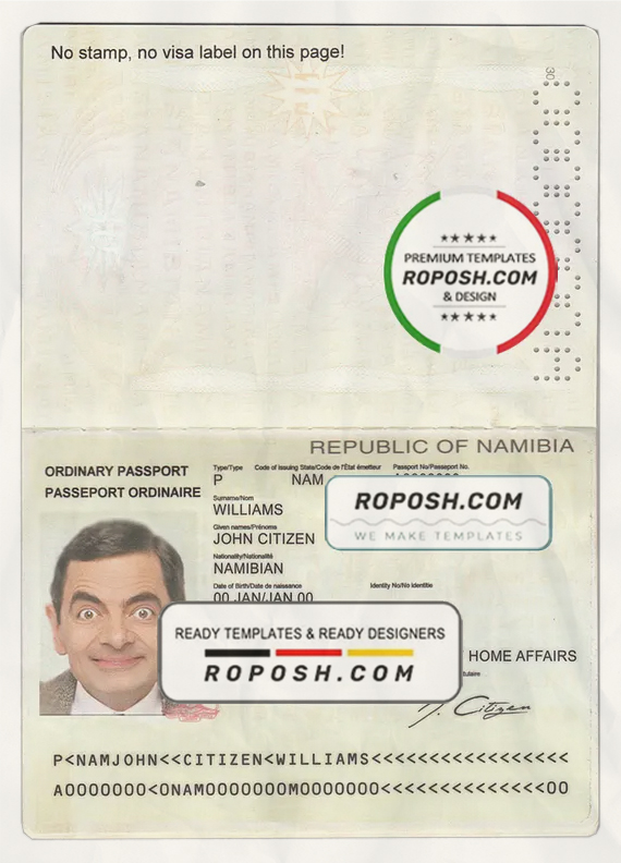Namibia passport template in PSD format, fully editable scan effect