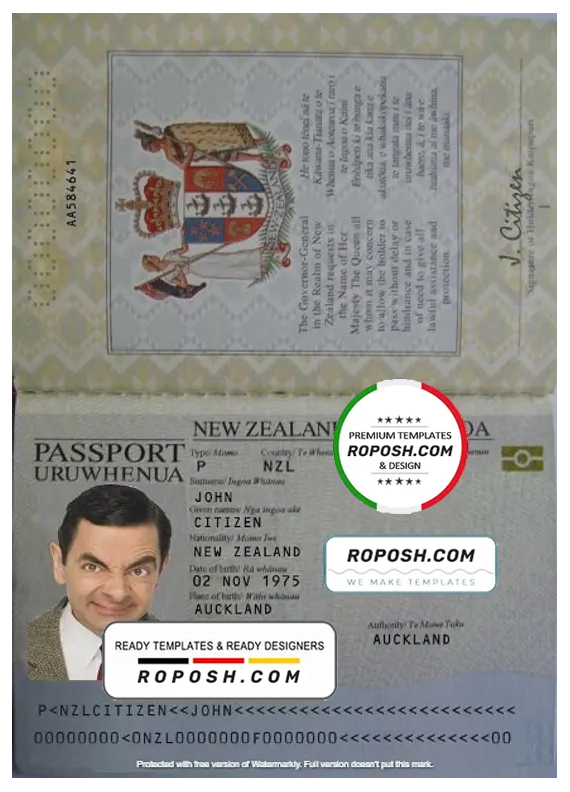 New Zealand passport template in PSD format, fully editable, with all fonts