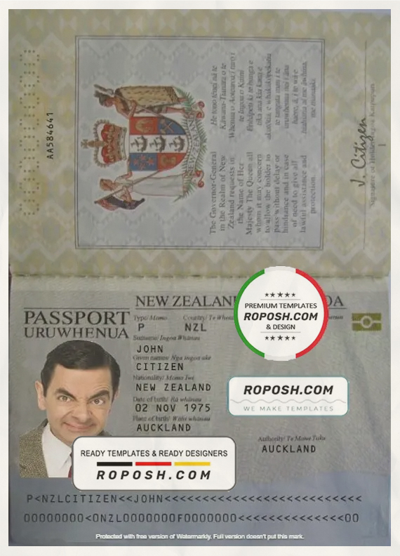 New Zealand passport template in PSD format, fully editable, with all fonts scan effect