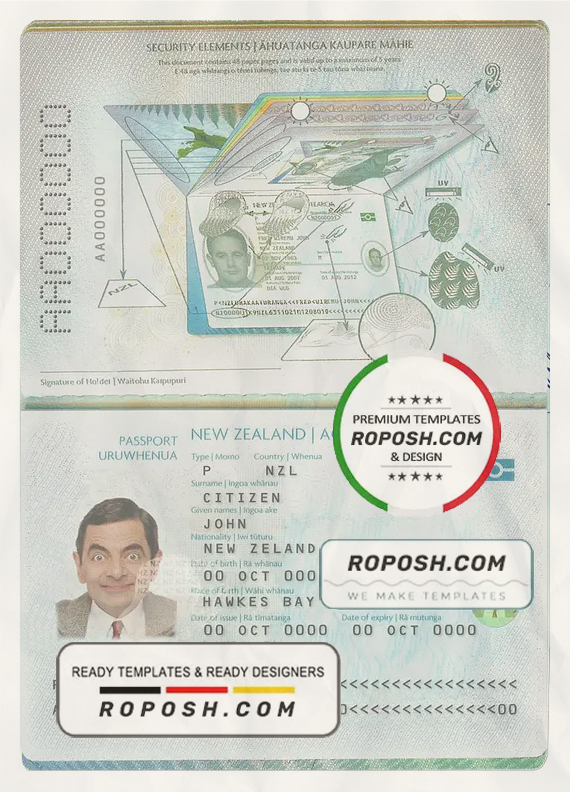 New Zealand passport template in PSD format, fully editable (2005 - present) scan effect