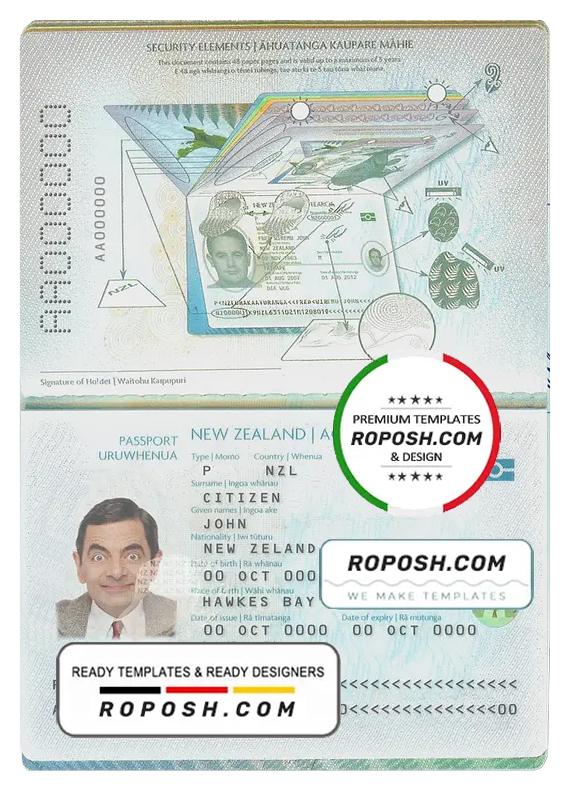 New Zealand passport template in PSD format, fully editable (2005 - present)