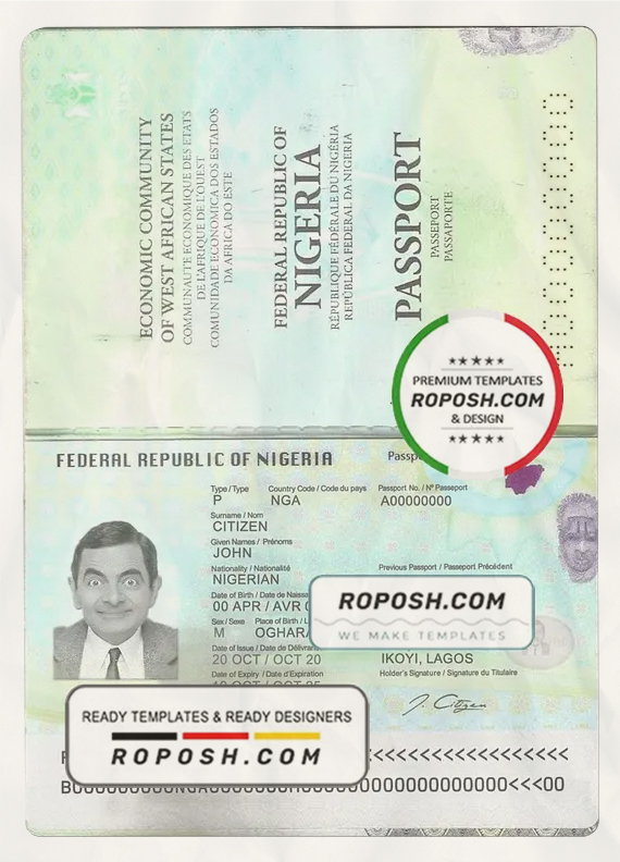 Nigeria passport template in PSD format, fully editable (2017 – present) scan effect