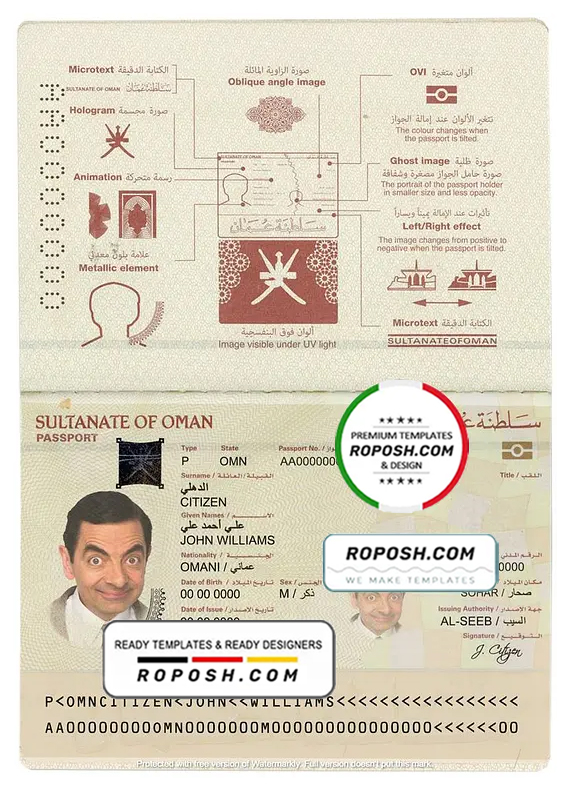 Oman passport template in PSD format, fully editable (2019 - present)