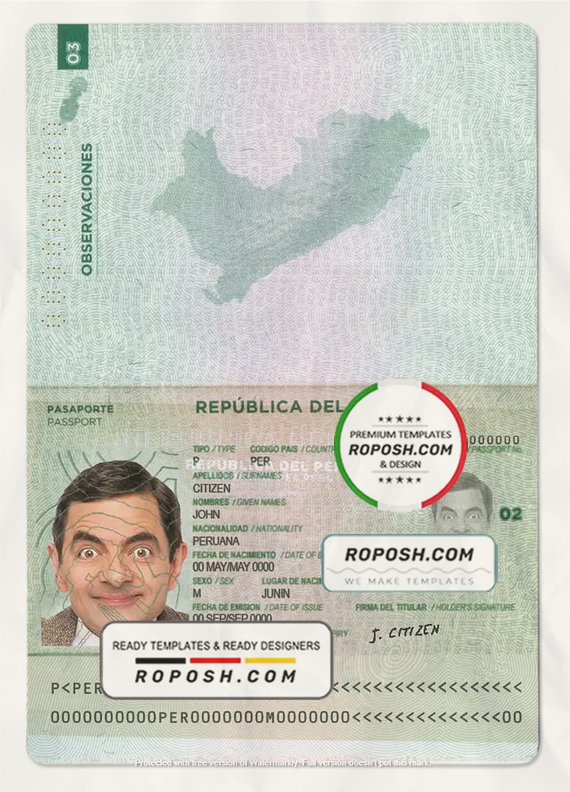 Peru passport template in PSD format, fully editable scan effect