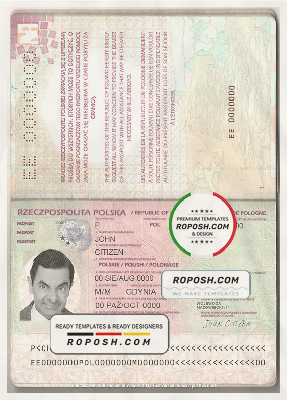 Poland passport template in PSD format, fully editable scan effect