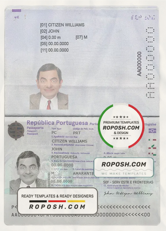 Portugal passport template in PSD format, (2017- present) scan effect