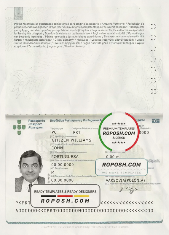 Portugal passport template in PSD format scan effect