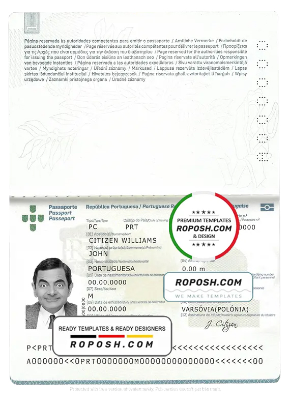 Portugal passport template in PSD format