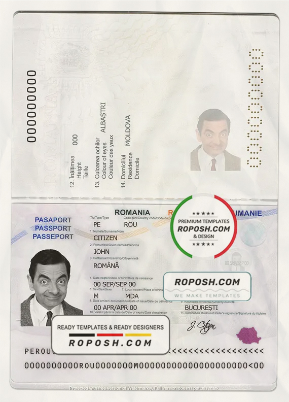 Romania passport template in PSD format scan effect